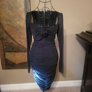 Black Long-Sleeve Ruched Midi Dress with Front Rosette